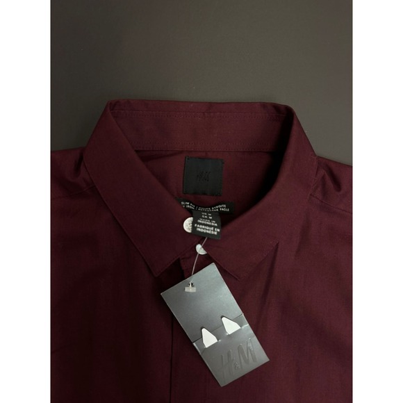 New H&M Slim Fit Dress Shirt Mens Long Sleeve Button Up Burgundy Casual - Picture 3 of 3